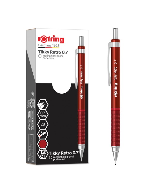Rotring Tikky Retro Mechanical Pencils | 2B 0.7 mm | Red Barrels | with Comfort Rippled Grip | 12 Count