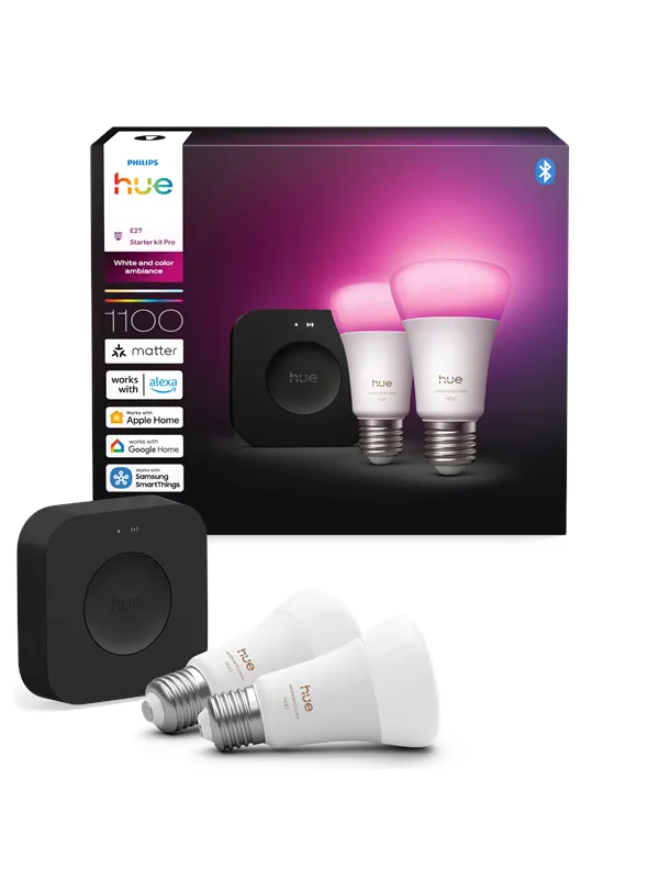 Philips Hue Startpakke: 2 fargekompatible E27-smartpærer + Bridge Pro