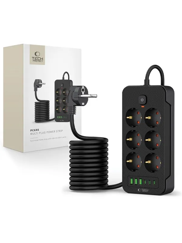 Tech-Protect Power Strip  PC6X6 6 Sockets 240V + 3xUSB-A + 3xUSB-C 200cm - Black