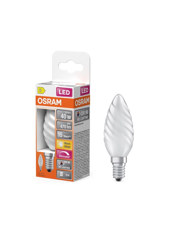 Osram LED-lyspære LED Comfort candle snoet frosted 470lm 3.4W/927 (40W) E14 dimmable E14
