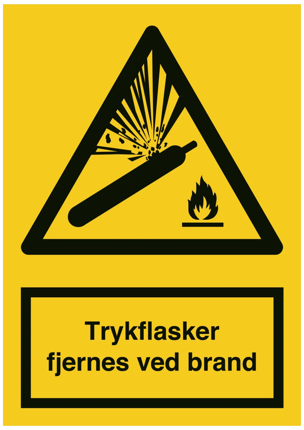 Advarselsskilt "Trykkflasker fjernes ved brann", plast A4