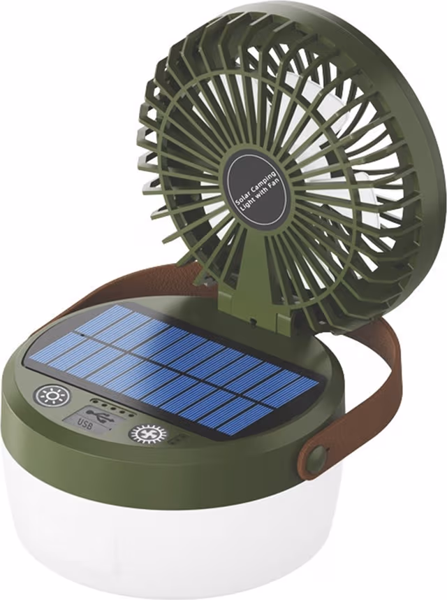 Solcelledrevet campingvifte og -lys (3-i-1): LED-lykt, 3000 mAh-strømbank
