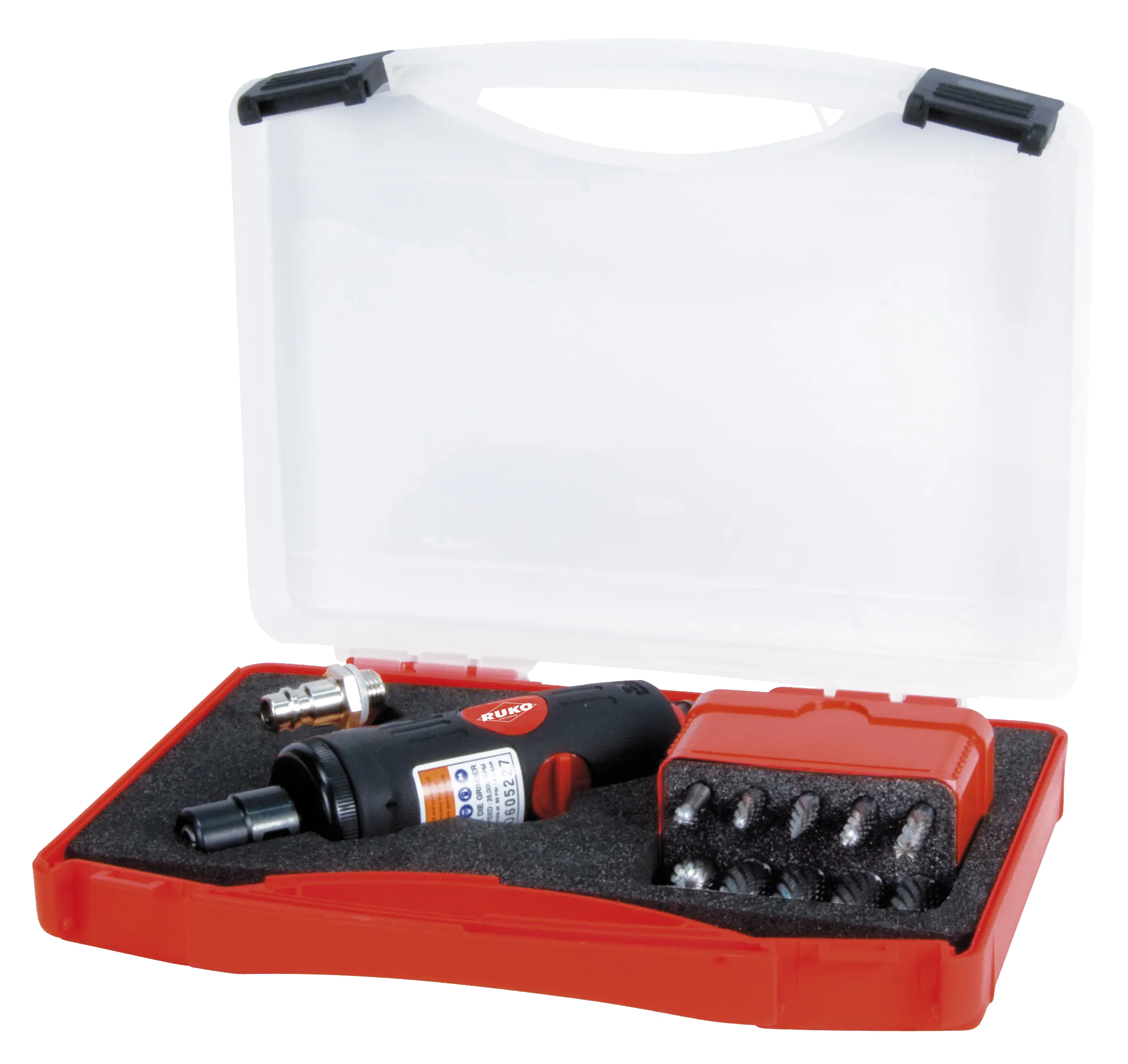 Luft rettsliper kort modell med 6 mm spennhylse, omdr. 25.000 rpm inkl. 10 HM fresestifter
