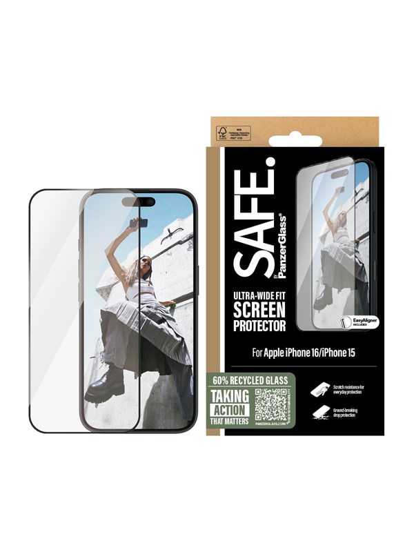 SAFE by PanzerGlass Screen Protection w. Black Frame iPhone 16 | 15 | Ultra-Wide Fit