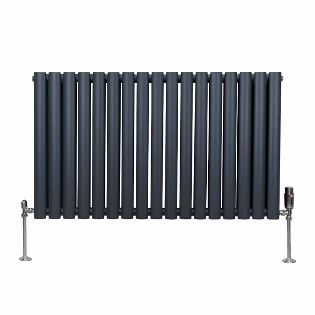 Oval kolonneradiator - 600 mm x 1020 mm - Antrasittgrå og TRV kromventiler