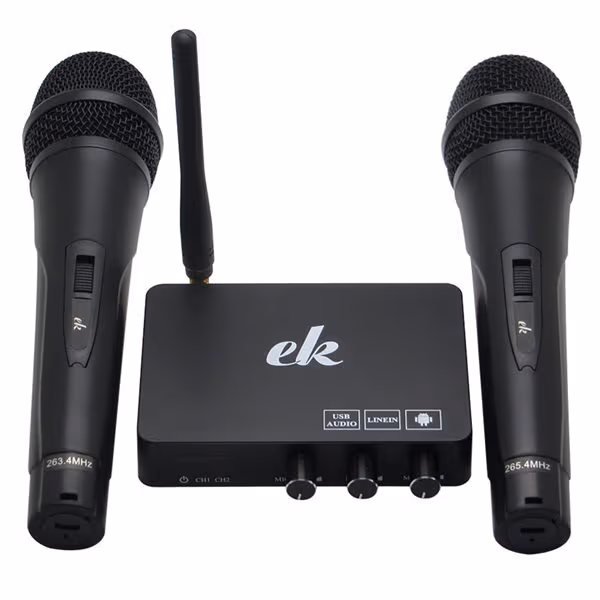 Karaokemaskin / karaokemikser med to trådløse mikrofoner og smart-TV-kompatibilitet
