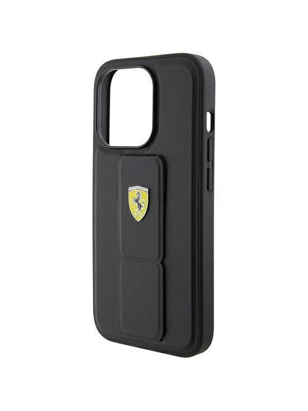 Ferrari Grip Stand Metal Logo Case for iPhone 15 Pro Max - Black