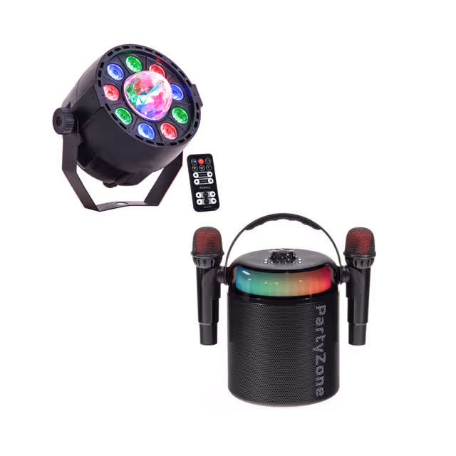 PartyZone Karaoke Set med 2 Mikrofoner (Svart) & LED PAR-ASTRO 2-i-1 Diskolys