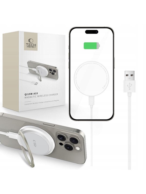 Tech-Protect  QI15W-A33 Inductive Charger with MagSafe and Stand with USB-A / USB-C Cable - White