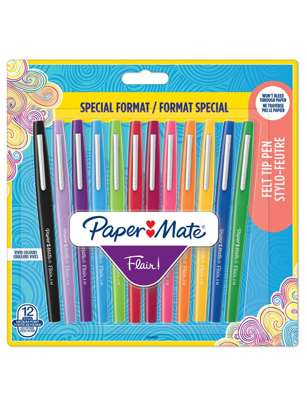 Paper Mate Flair Felt Tip Pens | Medium Point (0.7mm) | Assorted Colours | 12 Count