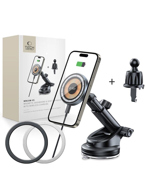 Tech-Protect MM15W MagSafe Car Mount with 15W Induction Charger for Air Vent and Dashboard - Black
