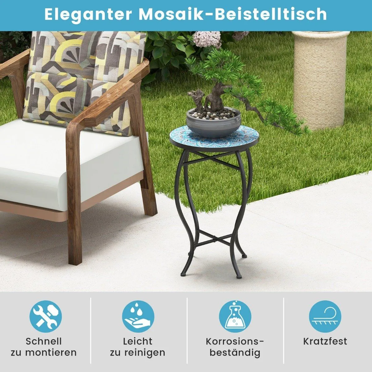 Rundt Mosaikk Sidebord – 35x55 cm, Blå/Sort