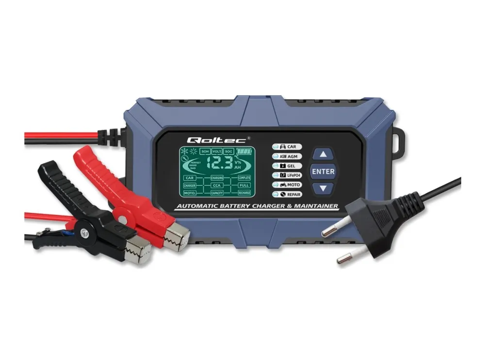 Qoltec mikroprosessorlader med batteritester og 12V reparasjonsfunksjon | 6A | LCD | AGM LiFePO4 GEL batterilader