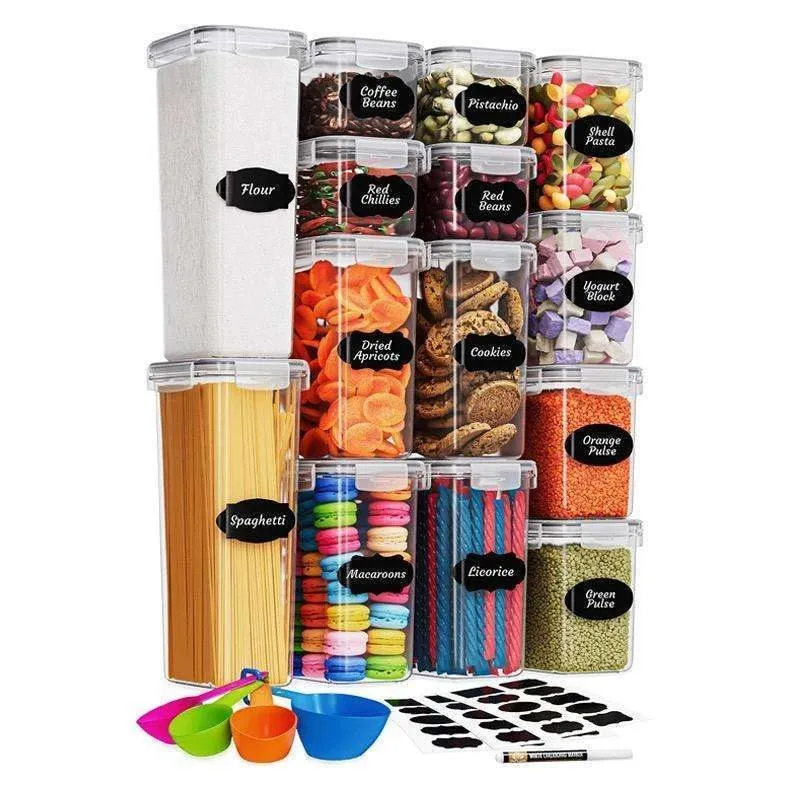 Oppbevaringsbeholdere for organisert pantry - 14-pakning med lufttette lokketiketter