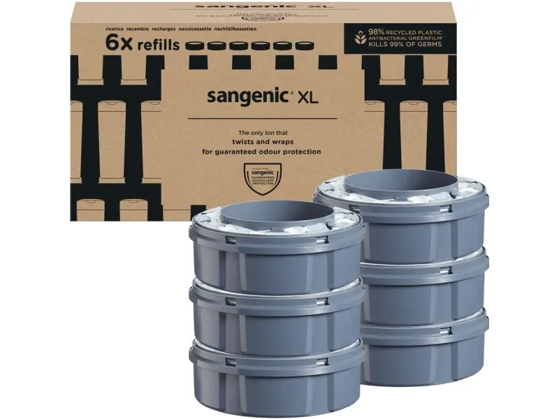Refill til bleiebøtte, Sangenic, hvit, LDPE/sukkerrør, parfymert, mild, passer til Twist&Click XL - (6 stk./kartong)