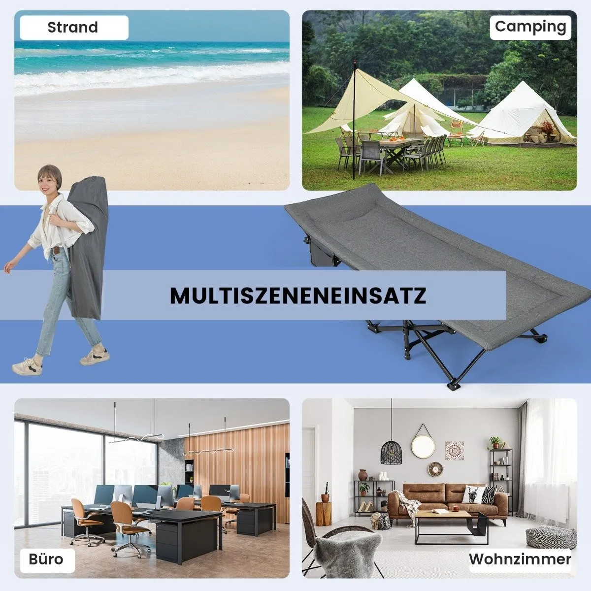 Sammenleggbar campingseng med sidelomme, feltseng, lastekapasitet opptil 200 kg, gjesteseng, grå