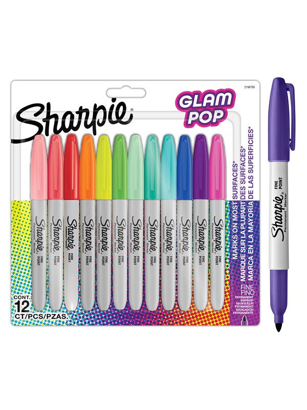 Sharpie Glam Pop Permanente Markører | Fin spids for fede detaljer | Assorterte livlige farger | 12 markeringspenne