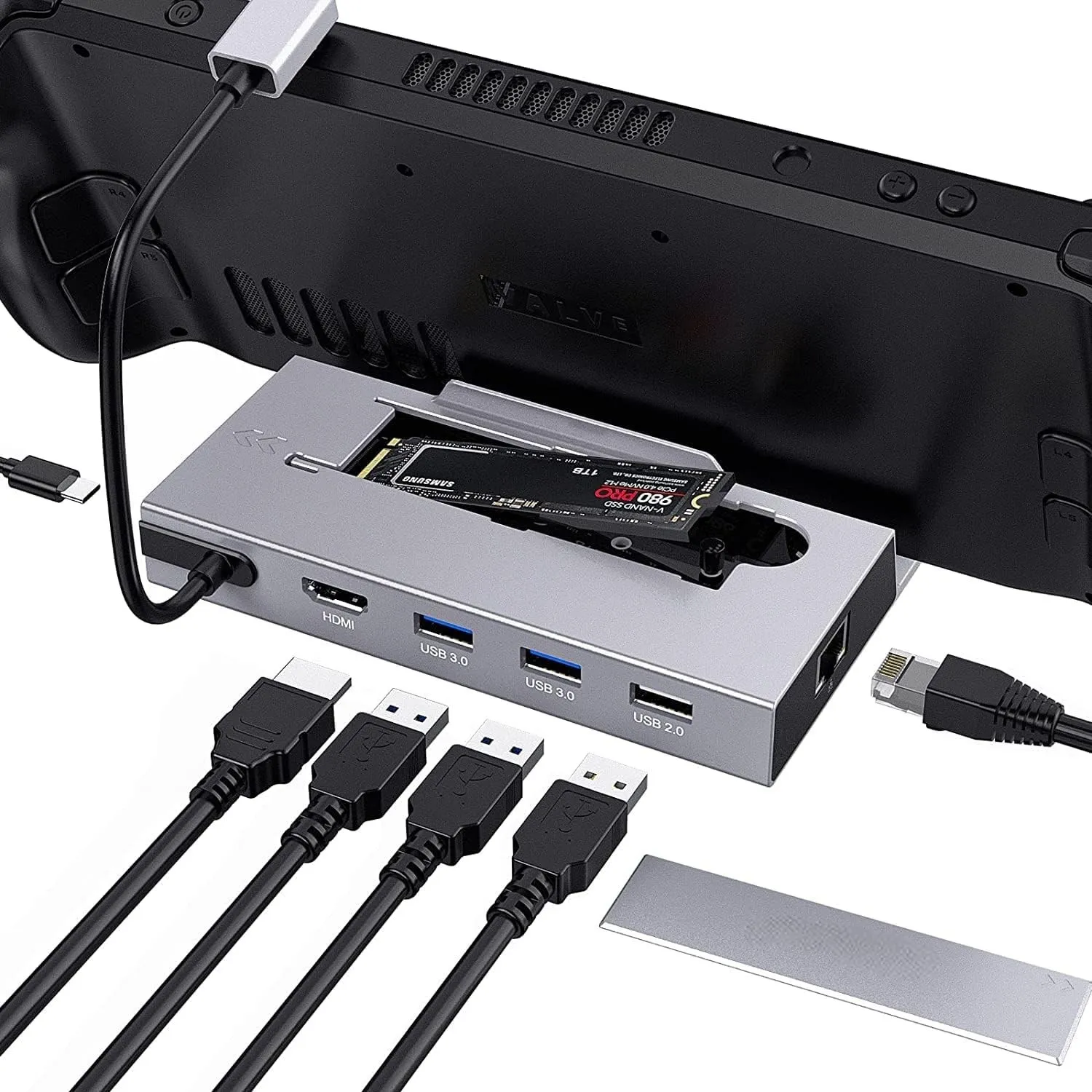 NÖRDIC Steam Deck-dokkingstasjon 1 til 7 - 1xHDMI 2.0 (4K60Hz), 1xM.2 SSD, 1xUSB-C PD 100W, 2xUSB-A 3.0, 1xUSB-A 2.0, 1xGigabit Ethernet