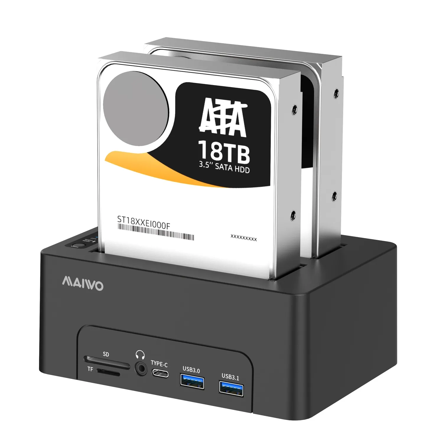 Maiwo HDD USB-C Dobbel dockingstasjon med klone 10 Gbps HDMI 4K60Hz Giga Lan kortleser SD og MicroSD USB HUB 2xUSB-A og 2xUSB-C