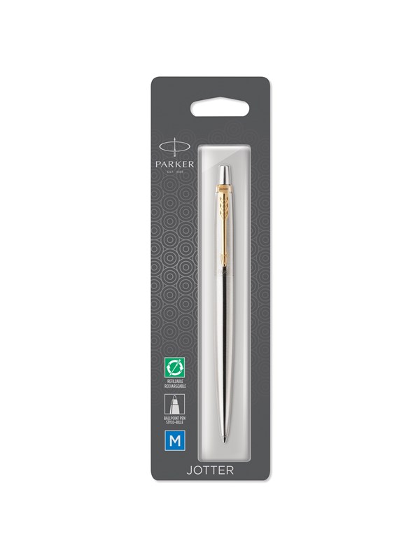 Parker Jotter Ballpoint Pen | Stainless Steel with Golden Trim | Medium Point Blue Ink