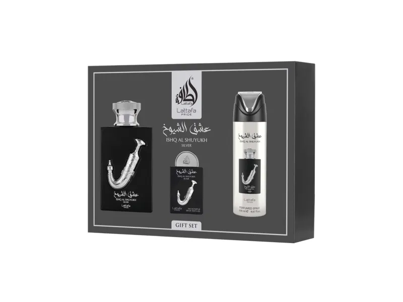Lattafa Pride Ishq Al Shuyukh Silver Giftset Eau De Parfum 100ml + 20ml + Deodorant 200ml Men Fragnance