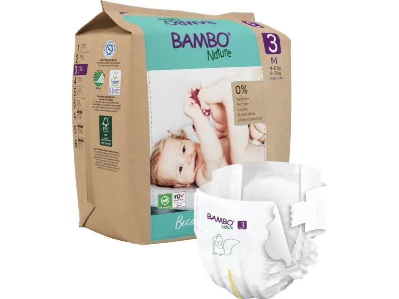 Babybleie, tapebleie, miljømerket, Bambo Nature, 3, papirpose, papirpose, 4-8 kg - (6 pakker x 28 stk.)