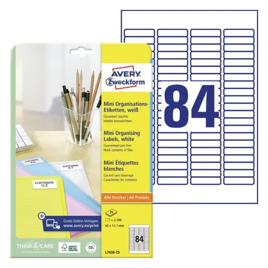 Etiketter Avery Zweckform L7656-25 hvid 1,1x4,6 cm - (84 stk. x 25 ark)