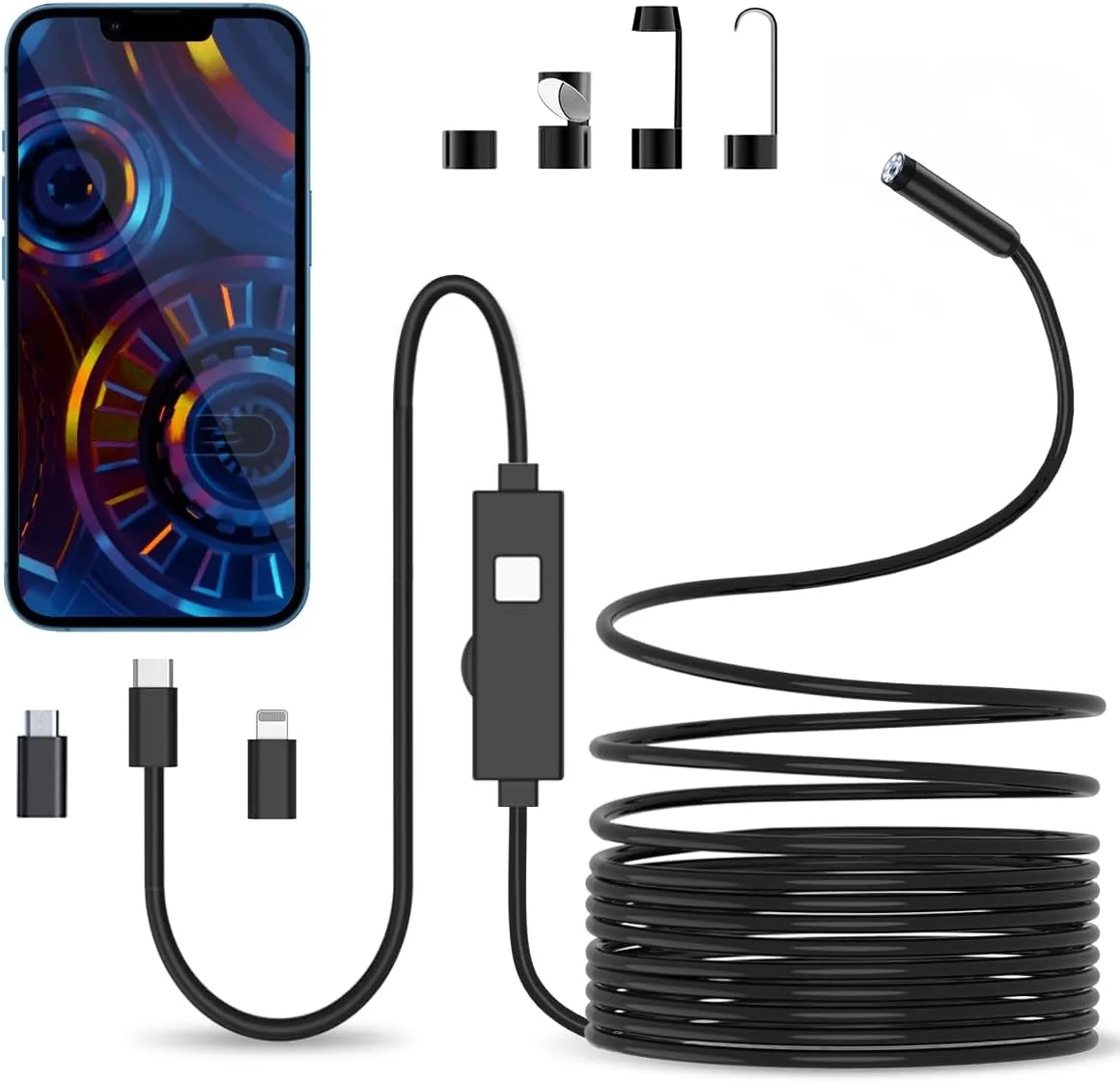 NÖRDIC 5m Endoskopkamera for mobiltelefon med lys, 1080P HD, 8 LED-lys, vanntett IP67, ingen WiFi nødvendig, Android og iOS