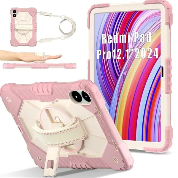 Xiaomi Redmi Pad Pro 5G / Pad Pro / Poco Pad 4G Etui Kickstand Silikon + støtbestandig nettbrettdeksel med skulderrem - Rose Gull
