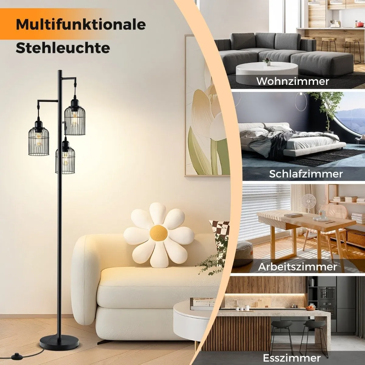 Industrigulvlampe, 3 skjermer, fotbryter, svart, 169 cm