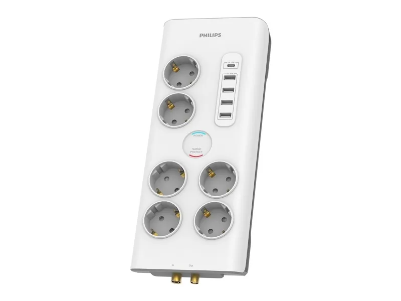 PHILIPS overspændingsbeskyttelse 6-udtag + 4 x USB-A + 1 x USB-C