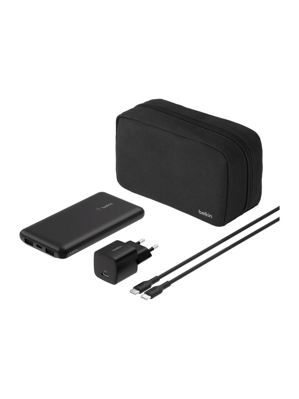 Belkin BoostCharge power bank - + AC power adapter - 24 pin USB-C 2 x USB - with zippered pouch case Nødlader - Svart - 10000 mAh