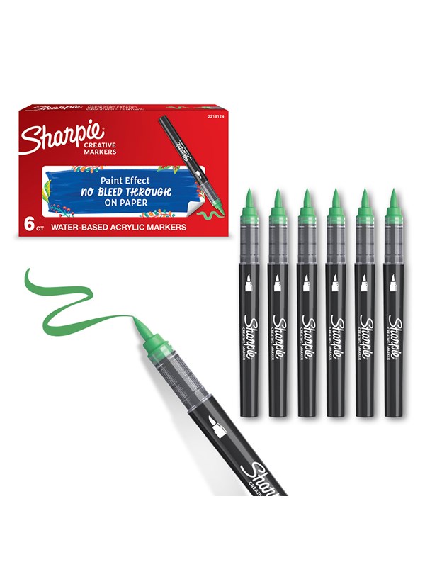 Sharpie Creative Marker Acrylic Paint Pens | Brush Tip Water-Based Paint Markers | Green | 6 Count