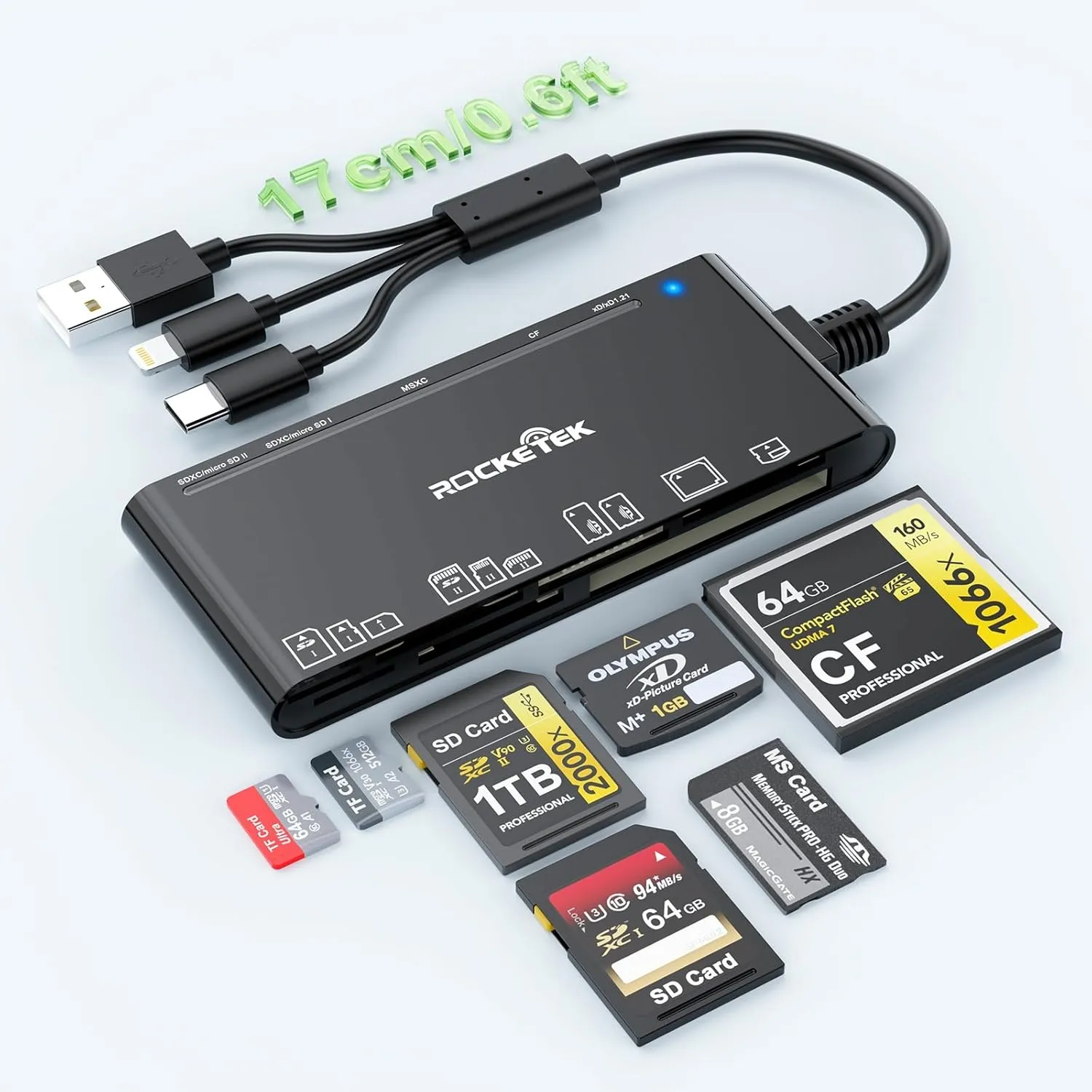 NÖRDIC USB-A, USB-C, Lightning USB3.0 Multi-kortleser 7 Slot 1xCF, 2xSD, 2xMicroSD, 1xMS, 1xXD UHS-I