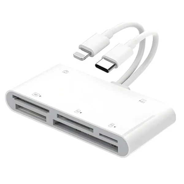 NÖRDIC USB-C/Lightning-kortleser 5-spors CF, SD, MicroSD, MS, XD 1xUSB-A 1xUSB-C UHS-I