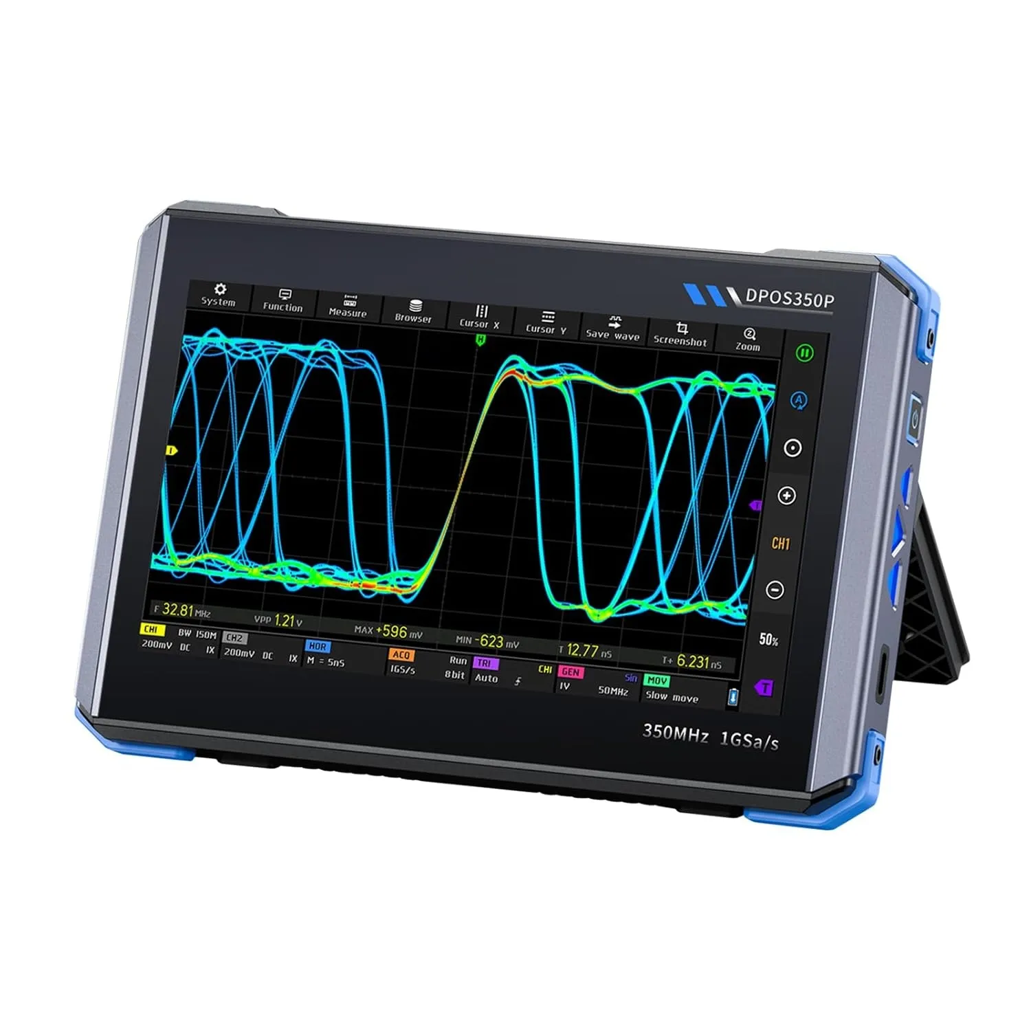 FNIRSI DPOS350P 4-i-1 Nettbrett-oscilloskop 350MHz, Spektrumanalysator 200KHz - 350MHz, Frekvensresponsanalysator DDS-generator, 2CH