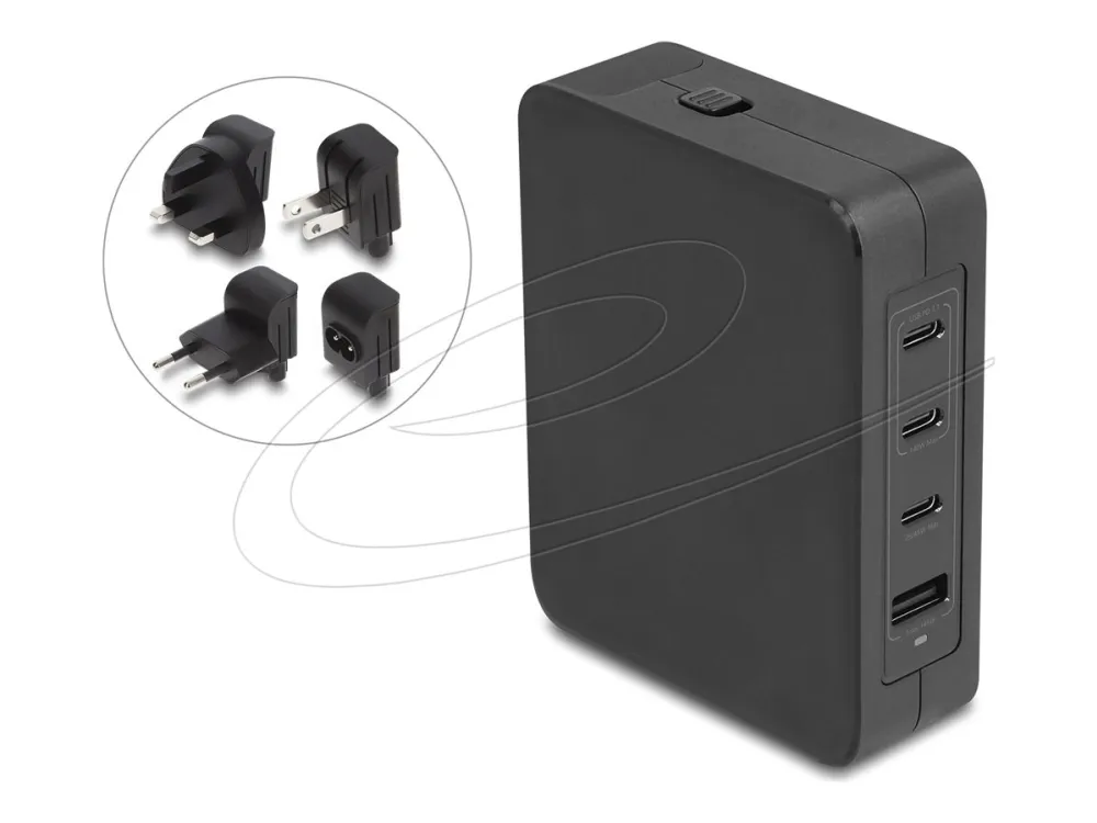 Delock - Strømadapter - GaN, 3 x USB-C PD 3.1 and 1 x USB-A with 145W power adapter EU/US/UK - AC 100-240 V - 145 watt - utgangskontakter: 4 - svart