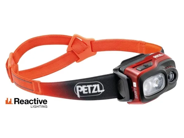 Petzl SWIFT RL, Hodebåndslommelykt, Sort, Oransje, Hvit, Knapper, IPX4, Batterinivå, CE, UKCA