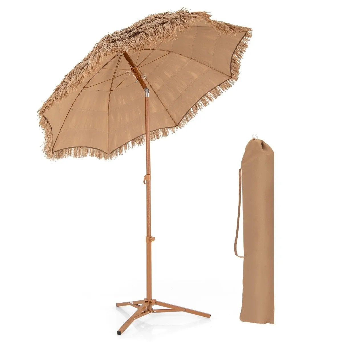 Strandparaply i Hawaii-stil med sammenleggbart stativ og vippeknapp og bæreveske Tiki-paraply
