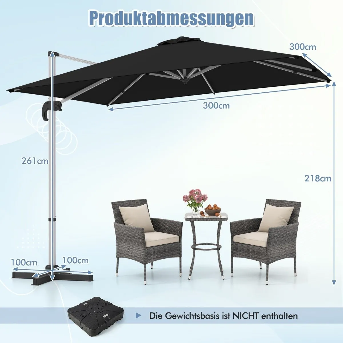 Rektangulær parasoll 300 x 300 cm stor utkraget parasoll med sveiv sort