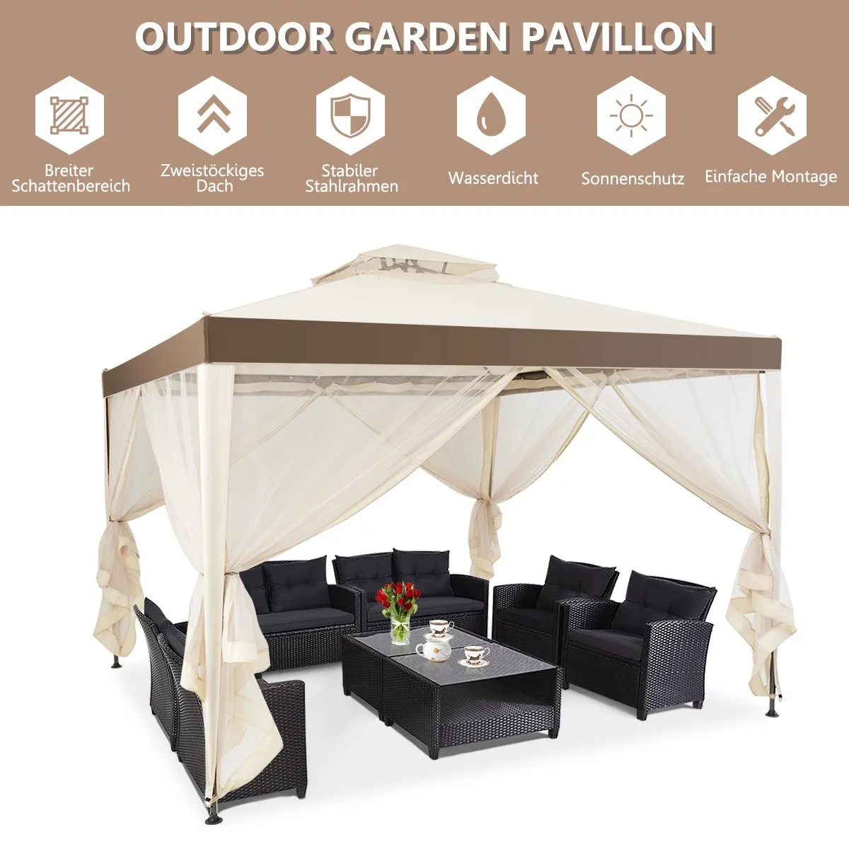 Hagepaviljong hagetelt camping partytelt med 4 sidevegger 300 x 300 x 265 cm beige