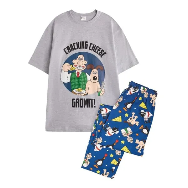 Wallace and Gromit Mens Characters Short-Sleeved Long Pyjama Set