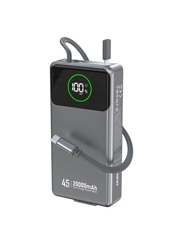 Dudao K31 Pro 45W 20000mAh Power Bank with Built-in Retractable USB-C Cable - Gray Nødlader - Grey - 20000 mAh
