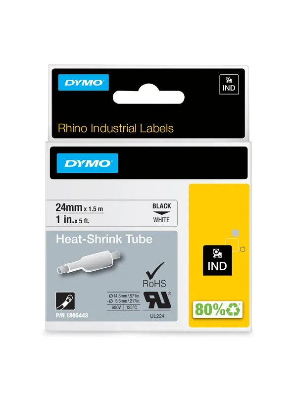 DYMO Rhino krympeflex, 24mm, 1.5m, sort på hvit