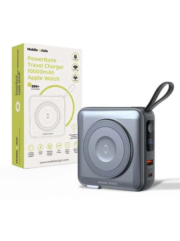 Mobile Origin PowerBank & Travel Charger - Lightning/USB-C Cable - MagSafe/AW/iPhone Compatible - grey Nødlader - Grey - 10000 mAh