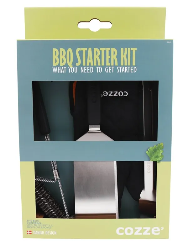 cozze BBQ-sett 4 deler: Spatel, Grilltang, Grillbørste og Grillhanske