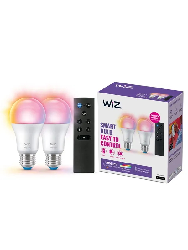 WiZ Color A60 E27 Smart Pære 2-pakning med Fjernkontroll - RGB / 16 Millioner farger + Dimbar Hvit LED