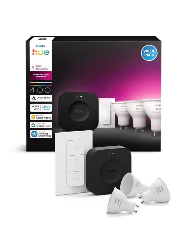 Philips Hue Startpakke: 3 GU10-lyspærer + Dimmer switch + Bridge Pro