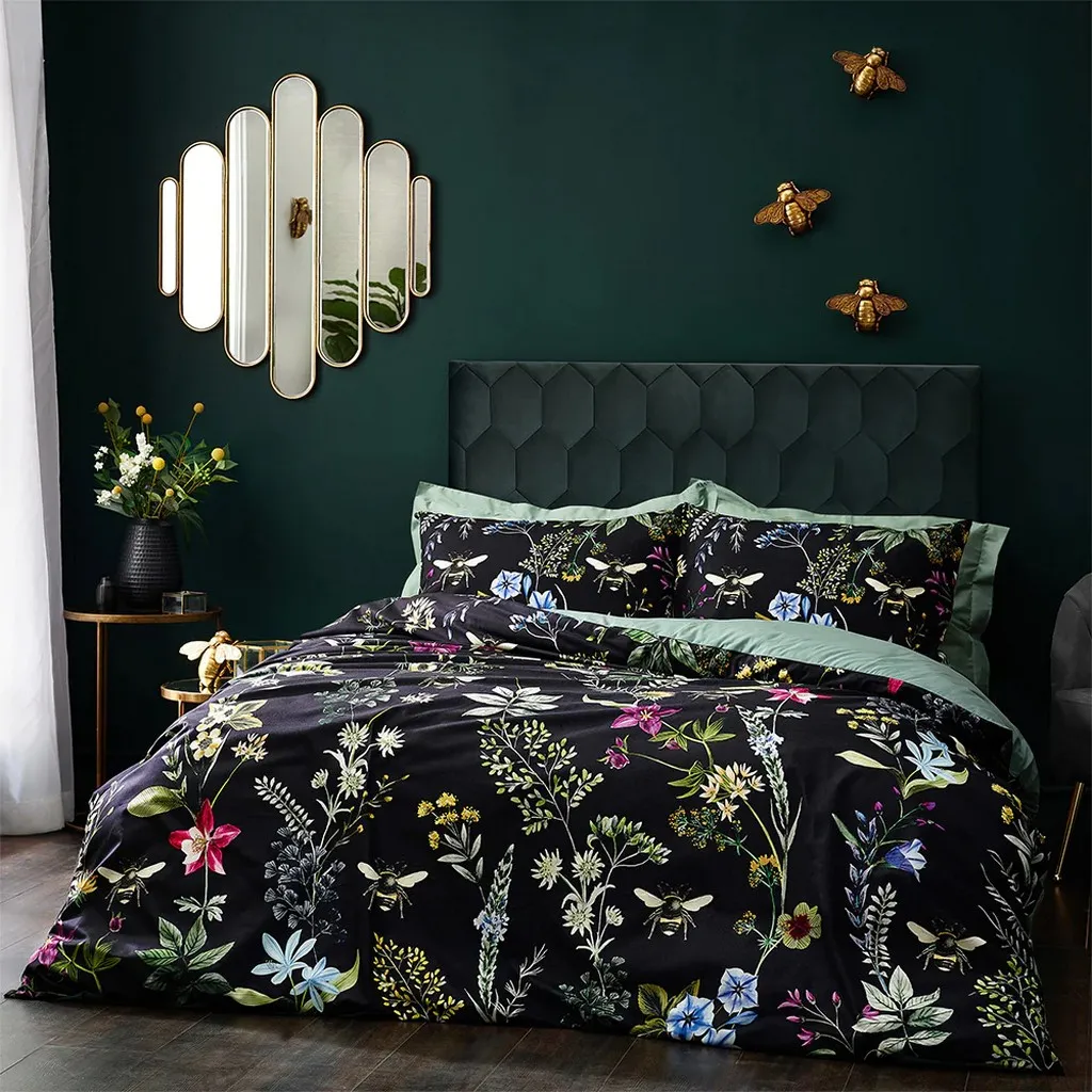 Wylder Midnight Bee Velvet Floral Duvet Cover Set