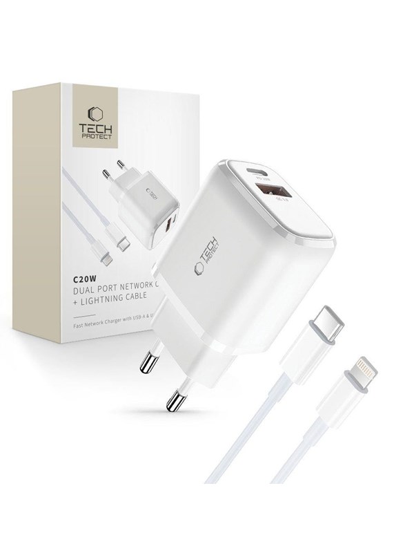 Tech-Protect  C20W USB-C PD 20W / USB-A QC 3.0 Mains Charger with USB-C / Lightning Cable - White